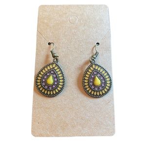 Boho Style Antique Gold Yellow and Purple  Teardrop Drop Earrings